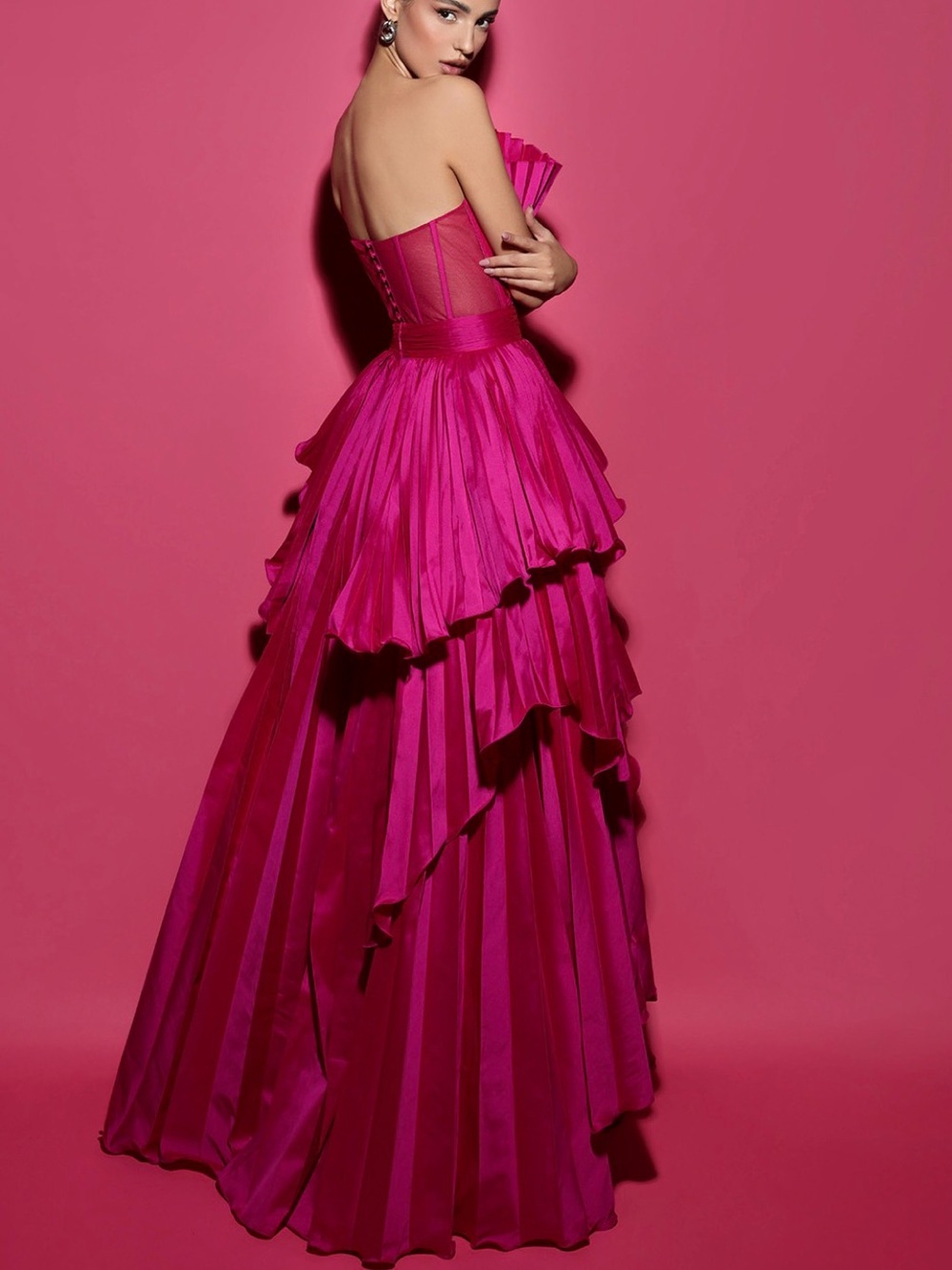Tarik Ediz Fuchsia One-Shoulder Ruffled Evening Gown 42/US10 - Picture 2 of 8